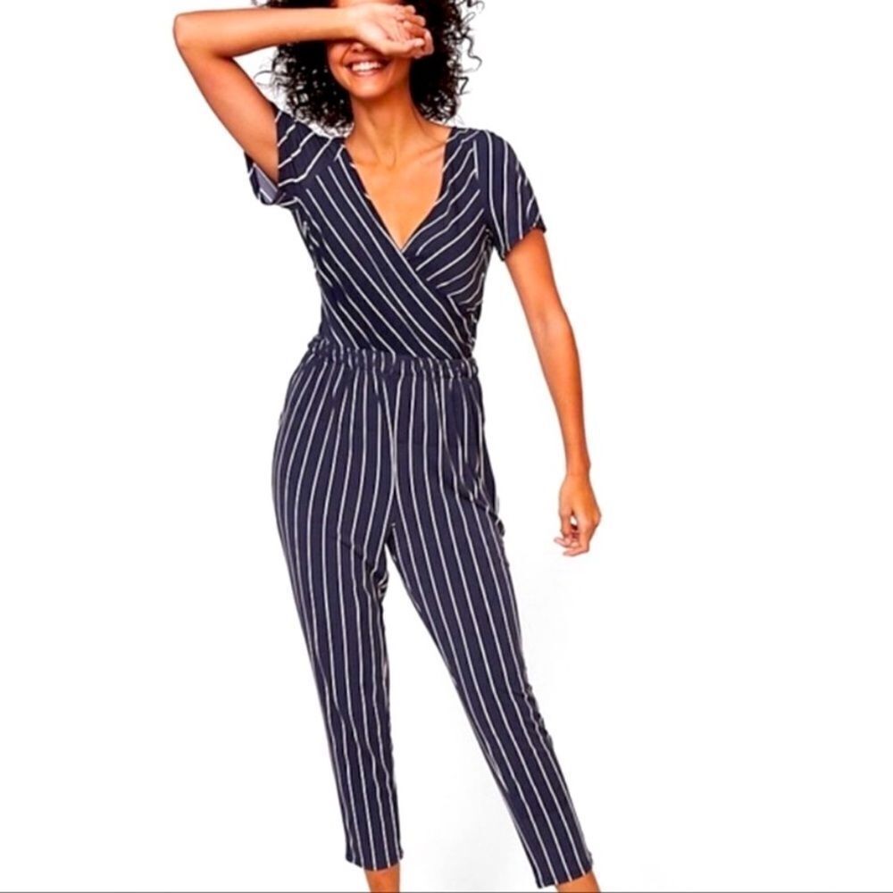 Express Navy Blue & White Stripe Wrap-Front Romper/ Jumpsuit Size XL